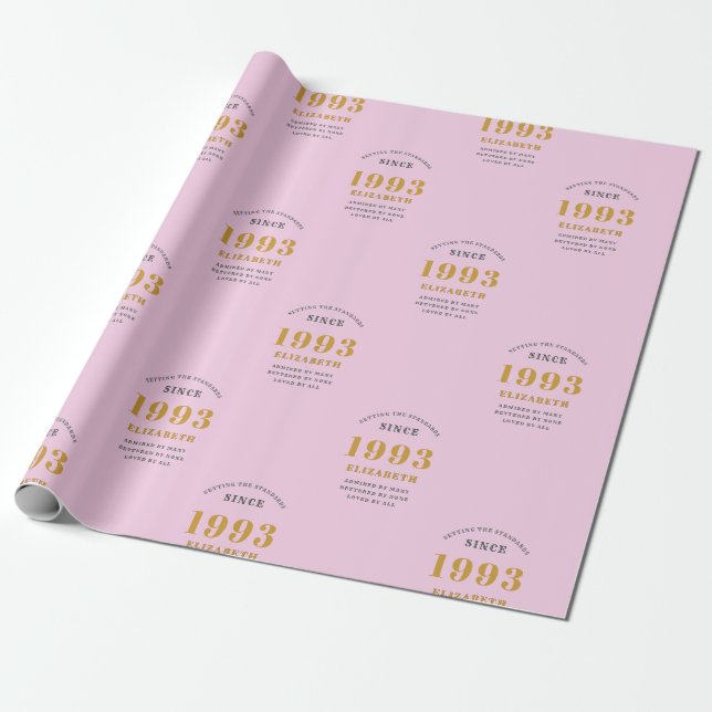 30th Birthday 1993 Add Name Pink Grey Wrapping Paper (Unrolled)