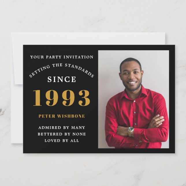 30th Birthday 1993 Name Photo Black Gold Invitation (Front)