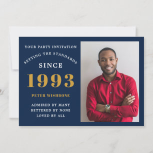 30th Birthday 1993 Name Photo Blue Gold Invitation