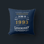 30th Birthday 1993 Retro Blue Gold Legendary Cushion<br><div class="desc">For those celebrating their birthday we have the ideal home decoration accessory. The blue background with a white and gold vintage typography design design is simple and yet elegant with a retro feel. Easily customise the text of this birthday gift using the template provided. More gifts and party supplies available...</div>