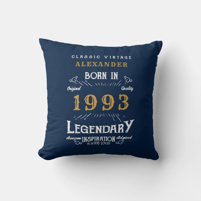 30th Birthday 1993 Retro Blue Gold Legendary Cushion (Front)