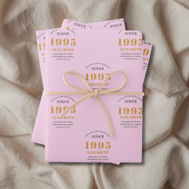 30th Birthday 1995 Add Name Pink Grey Wrapping Paper Sheet (30th birthday personalized pink wrapping paper.)