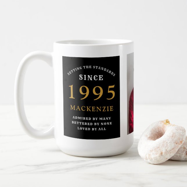 30th Birthday 1995 Black Gold Add Name Photo Large Coffee Mug (With Donut)