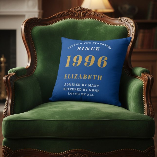 30th Birthday 1996 Add Name Blue Gold Personalized Cushion (1996 blue throw pillow on a green velvet chair.)