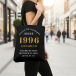 30th Birthday 1996 Black Gold For Her Personalized Tote Bag<br><div class="desc">30th birthday born 1996 tote bag. A personalized classic design for that birthday celebration for a special woman. Add the name to this vintage retro style , white and gold design for a custom birthday gift. Easily edit the name and year with the template provided. A wonderful custom birthday gift....</div>