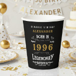 30th Birthday 1996 Legendary Retro Paper Cups<br><div class="desc">For those born in 1996 and celebrating their 30th birthday we have the ideal birthday paper cups. The black background with a white and gold vintage typography design design is simple and yet elegant with a retro feel. Easily customize the text of this birthday gift using the template provided. More...</div>