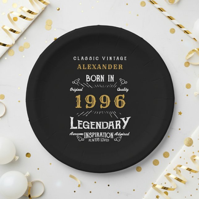30th Birthday 1996 Legendary Retro Paper Plate (1996 black paper plate on a white and gold background)