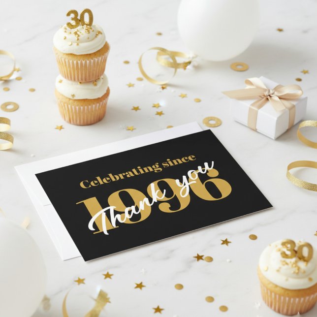 30th Birthday 1996 Retro Black And Gold Thank You Card (Extreme close-up of a black and gold 30th birthday thank you card on a white marble surface.)