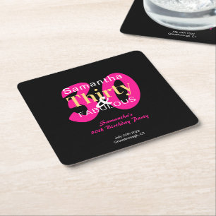 30th Birthday 30 and Fabulous Hot Pink Black Party Square Paper Coaster