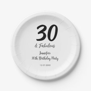 30th birthday add name date year black  paper plate