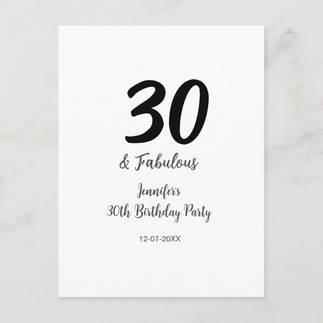 30th birthday add name date year black  postcard (Front)