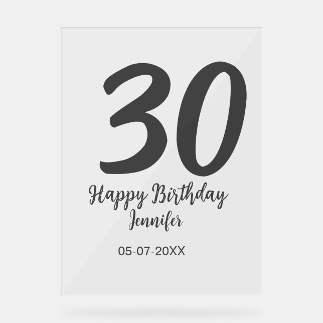 30th birthday add name date year black template  acrylic sign (Front)