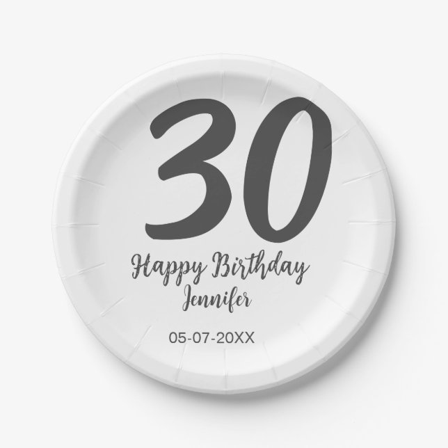 30th birthday add name date year black template  paper plate (Front)