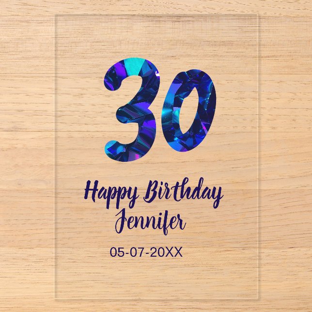 30th birthday add name date year blue sparkle  acrylic invitations (Front)