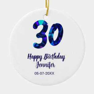30th birthday add name date year blue sparkle ceramic tree decoration
