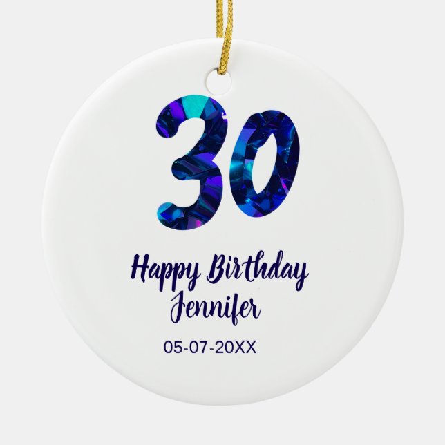 30th birthday add name date year blue sparkle  ceramic tree decoration (Front)