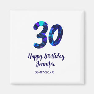 30th birthday add name date year blue sparkle magnet