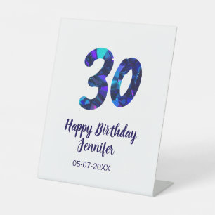 30th birthday add name date year blue sparkle pedestal sign