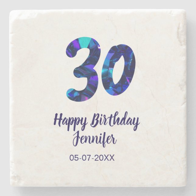 30th birthday add name date year blue sparkle  stone coaster (Front)