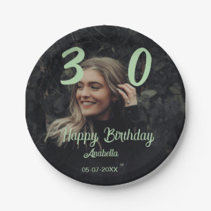 30th birthday add name date year green pastel bold paper plate