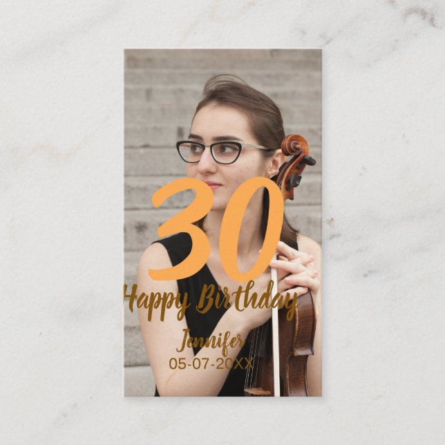 30th birthday add name date year white photo business card (Front)