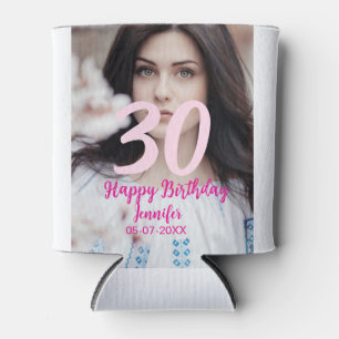 30th birthday add name date year white photo can cooler