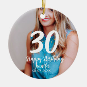 30th birthday add name date year white photo ceramic tree decoration