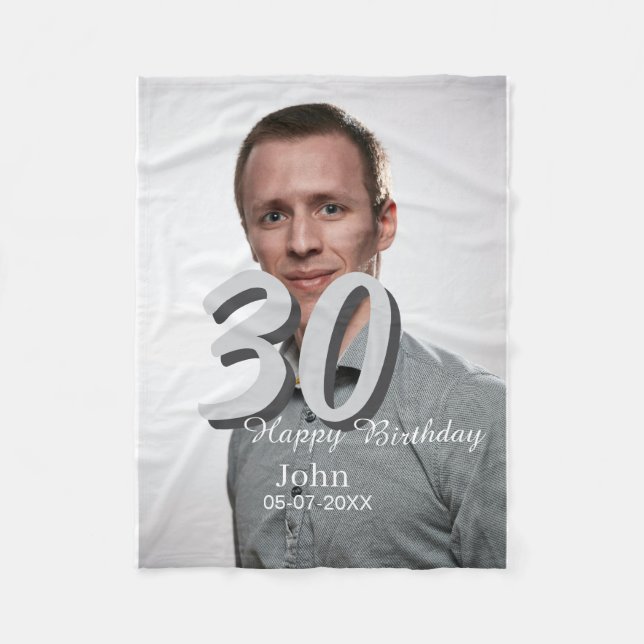 30th birthday add name date year white photo fleece blanket (Front)