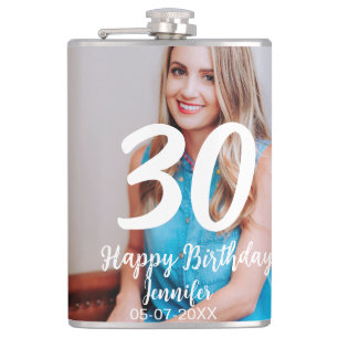 30th birthday add name date year white photo hip flask