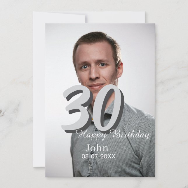 30th birthday add name date year white photo holiday card (Front)