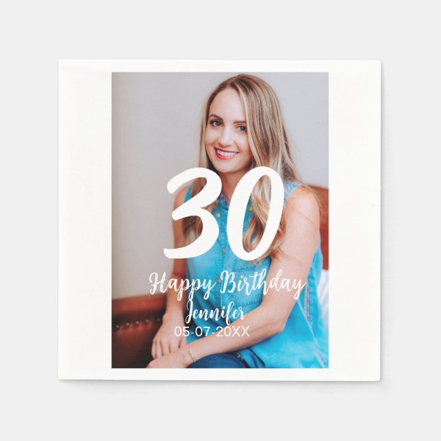30th birthday add name date year white photo napkin (Front)