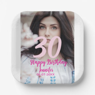 30th birthday add name date year white photo paper plate