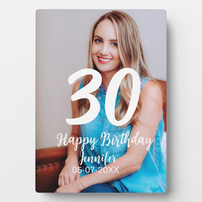 30th birthday add name date year white photo plaque (Front)