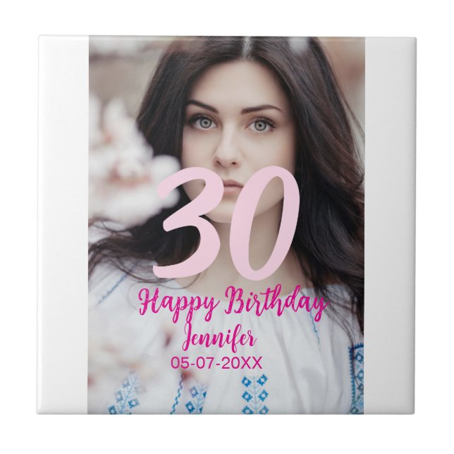 30th birthday add name date year white photo tile (Front)