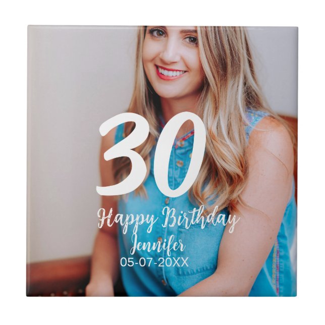 30th birthday add name date year white photo tile (Front)