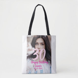 30th birthday add name date year white photo tote bag