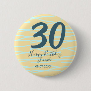 30th birthday add name date year yellow blue paste 6 cm round badge