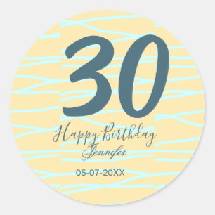 30th birthday add name date year yellow blue paste classic round sticker