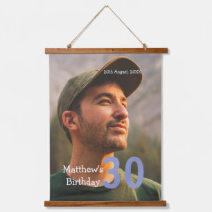 30th birthday add name photo date man blue white hanging tapestry