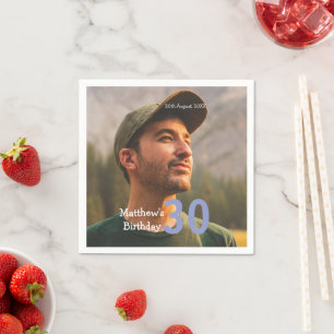 30th birthday add name photo date man blue white napkin