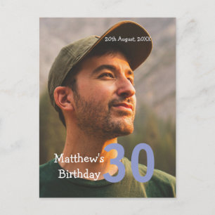30th birthday add name photo date man blue white  postcard