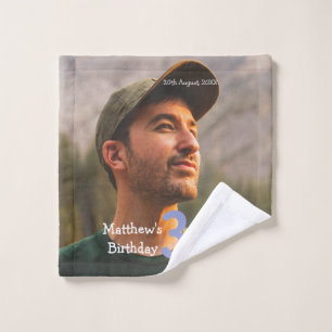30th birthday add name photo date man blue white wash cloth