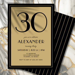 30th Birthday Adult Black and Gold Modern Minimal  Invitation