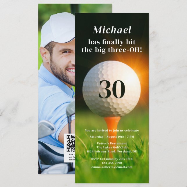 30th Birthday Adult Party Golf Photo QR Code Invitation (Front/Back)