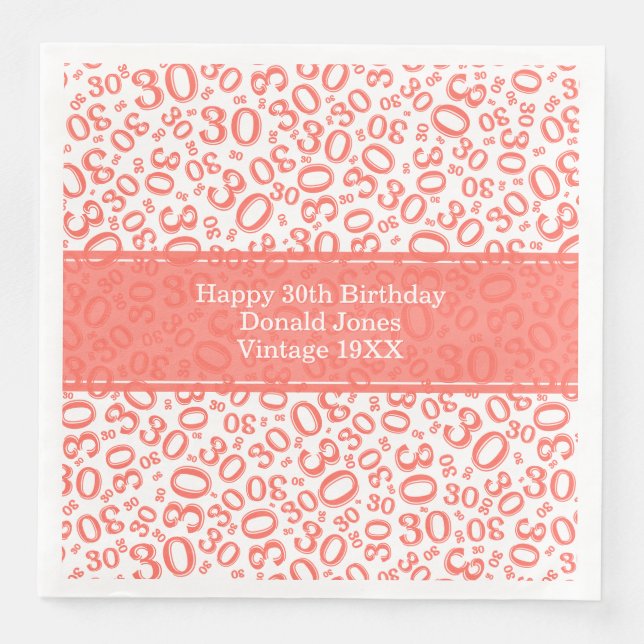 30th Birthday Age Number Pattern Coral/White Napkin (Front)