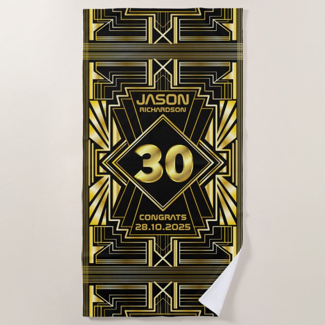 30th Birthday Art Deco Gold Black Great Gatsby Beach Towel (Front)