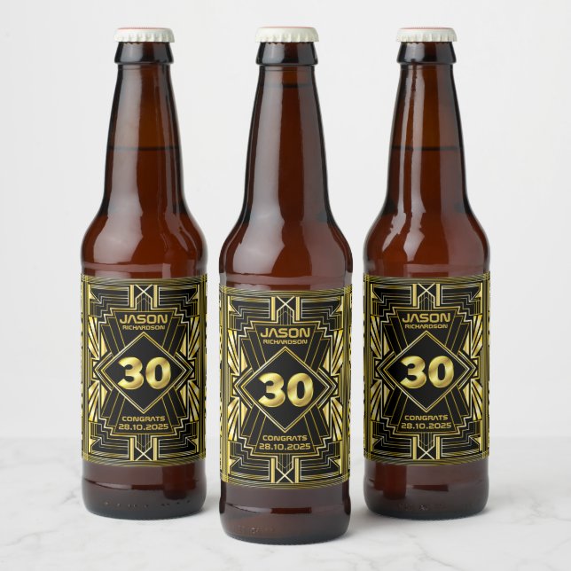 30th Birthday Art Deco Gold Black Great Gatsby Beer Bottle Label (Bottles)