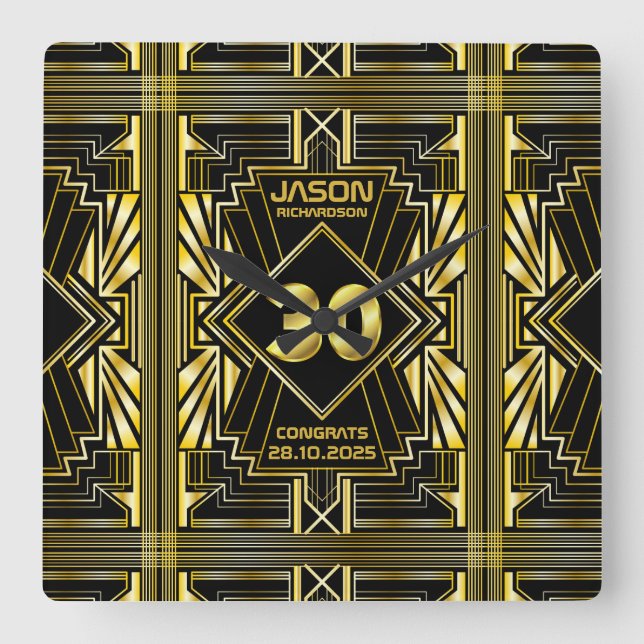 30th Birthday Art Deco Gold Black Great Gatsby Square Wall Clock (Front)