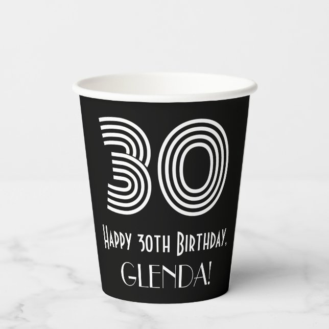 30th Birthday — Art Deco Inspired Look “30” + Name Paper Cups (Back)