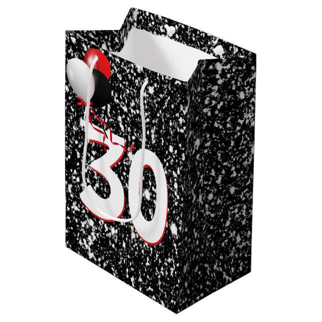 30th Birthday Balloons on Black Glitter Medium Gift Bag (Front Angled)